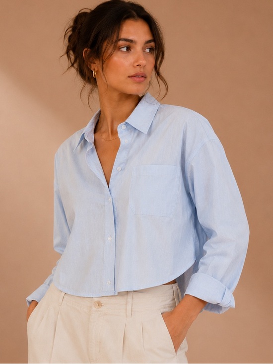 Universal Thread Tops - Universal Thread Cropped Button Down Linen Blend Shirt Blue Coastal Office XL